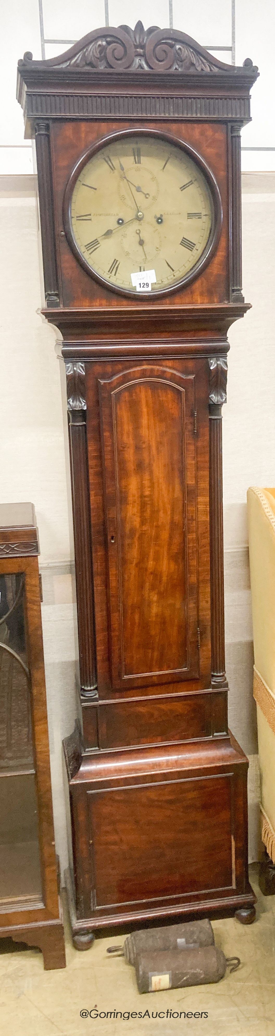 A Regency mahogany longcase clock, the circular dial marked Muirhead, Glasgow, height 206cm